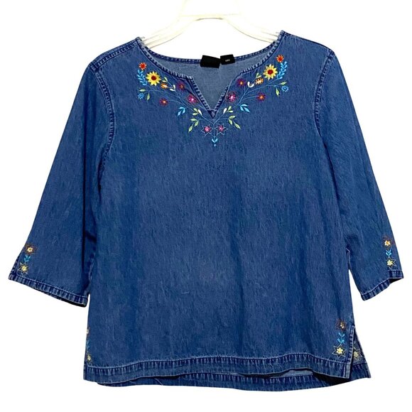 Vintage Embroidered Womens Denim Peasant Top L Blue Hippie Boho Bloomcore Granny - Picture 1 of 10